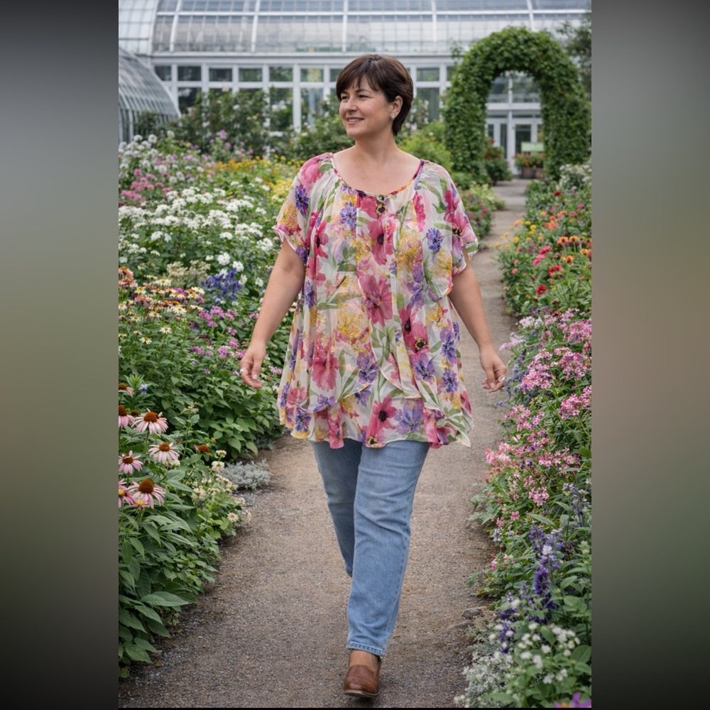 Floral Sheer Tunic Top - Pink Multi